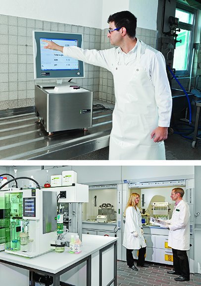 Top: The BUCHI NIRMaster, with IP54 ingress protection and rugged design for immediate analysis of protein and other critical sample properties on the production floor. Bottom: BUCHI Automated Kjeldahl solutions featuring the KjelMaster K-375, the most automated Kjeldahl system on the market today.
